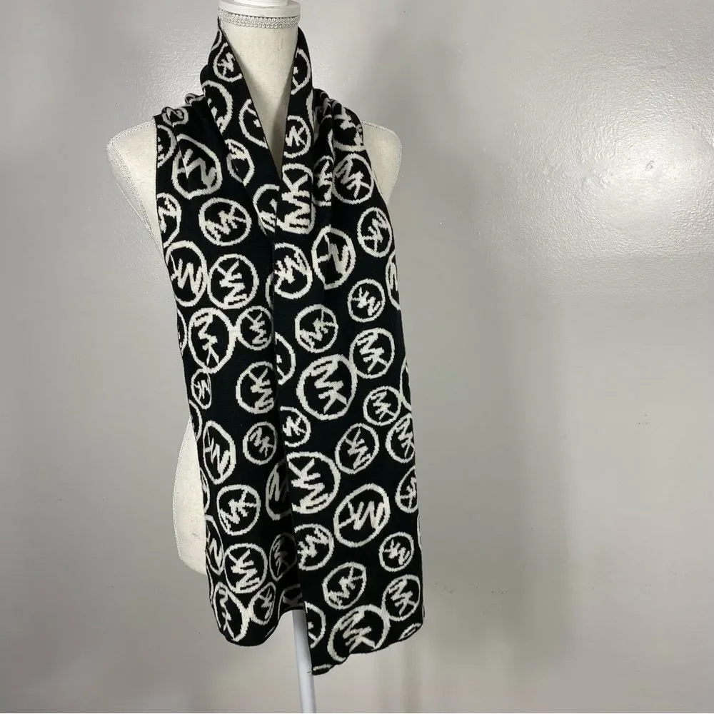 Michael Kors Signature Logo Knit Reversible Scarf in black white acrylic 64x10